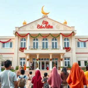 Families celebrating Eid al-Adha outside a school in New York