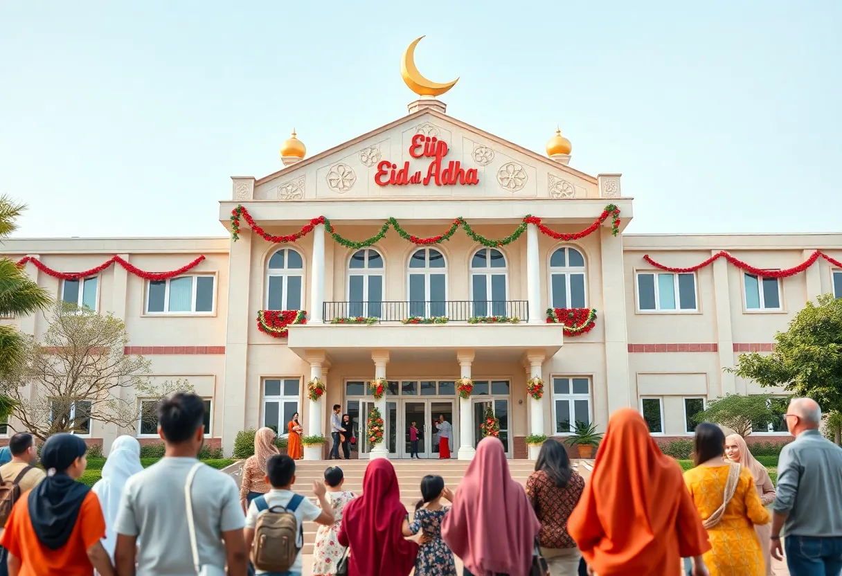 Families celebrating Eid al-Adha outside a school in New York