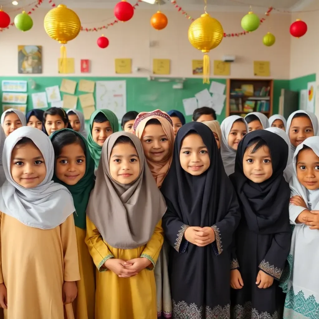 Children celebrating Eid al-Adha in a school environment, showcasing cultural diversity.