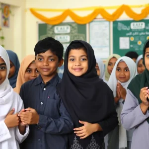 Students celebrating Eid al-Adha in a school environment