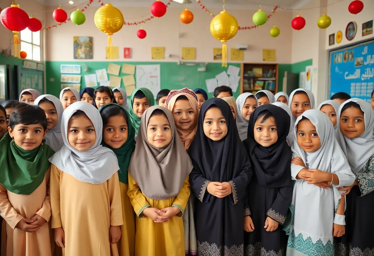 Children celebrating Eid al-Adha in a school environment, showcasing cultural diversity.