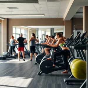 Interior of Equinox gym with fitness equipment and people working out