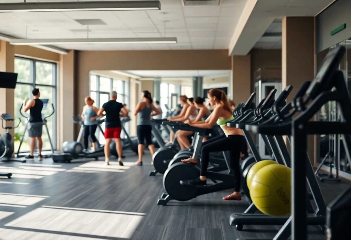 Interior of Equinox gym with fitness equipment and people working out
