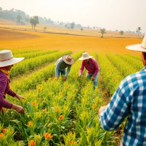 Farmworkers collaborating in the field at Cahoon Farms