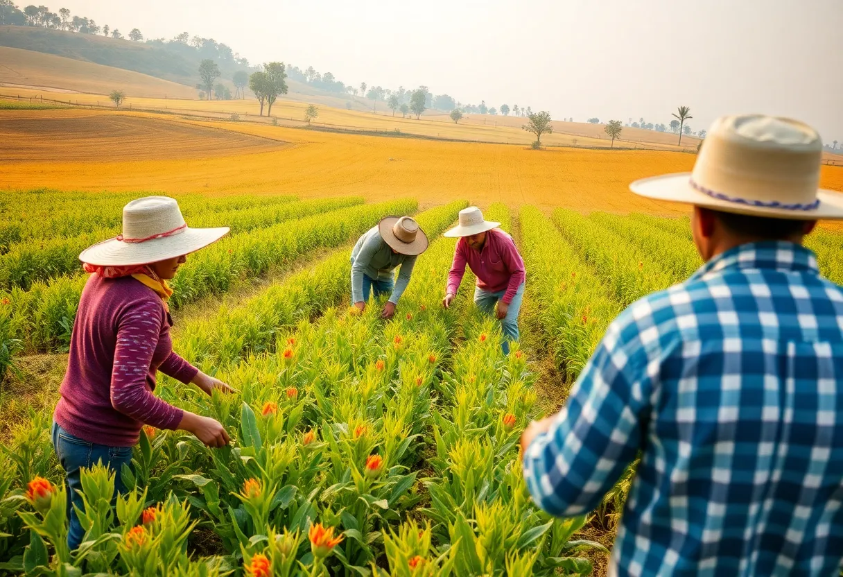 Farmworkers collaborating in the field at Cahoon Farms