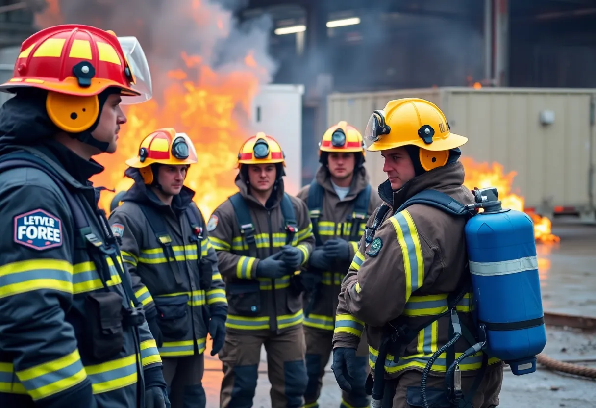 Firefighters undergoing training to manage electric vehicle fires with specialized equipment.