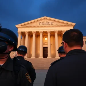 Courthouse representing legal actions against public threats