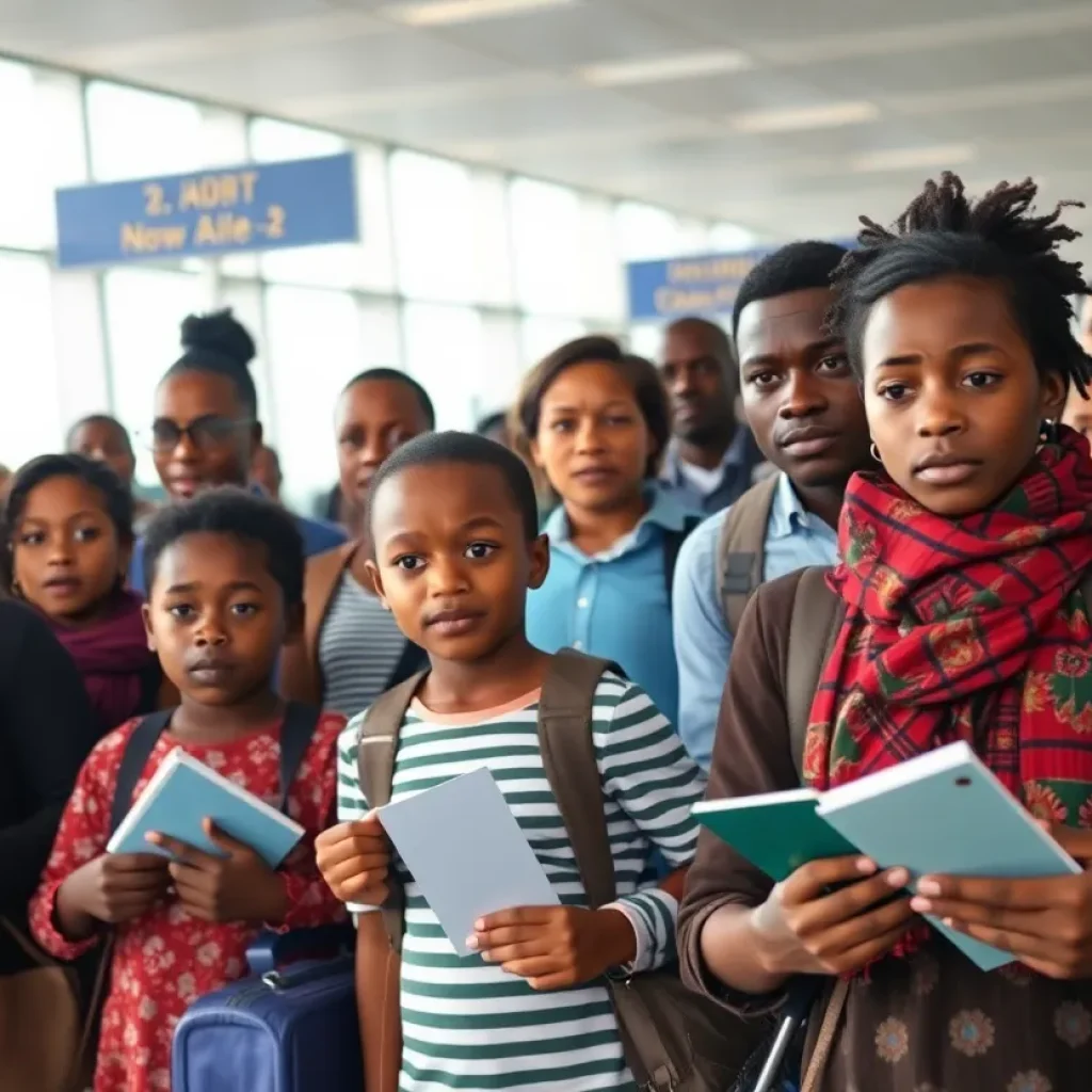 Haitian families at an airport expressing concern over the travel ban
