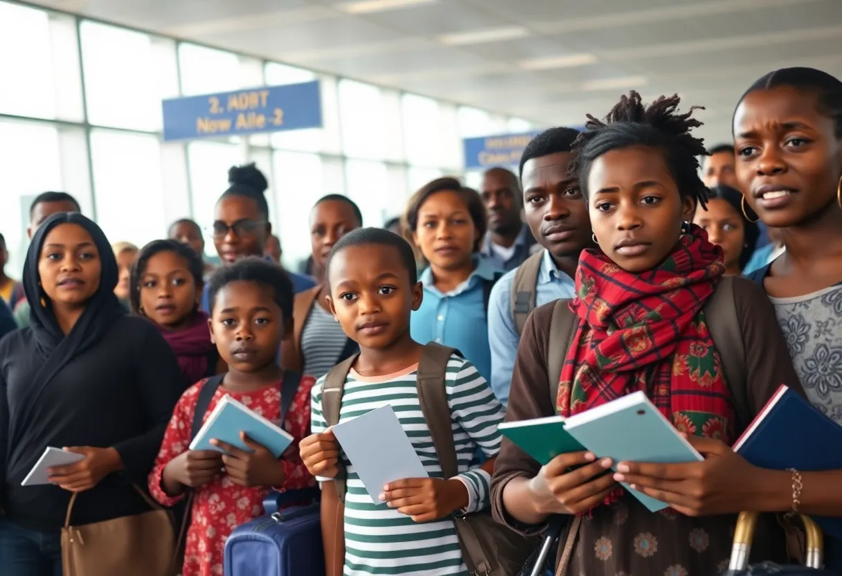 Haitian families at an airport expressing concern over the travel ban