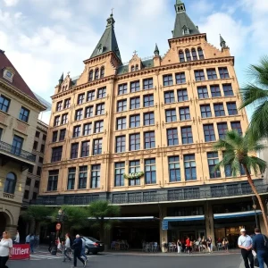 Exterior view of the Hilton New Orleans showcasing its architecture