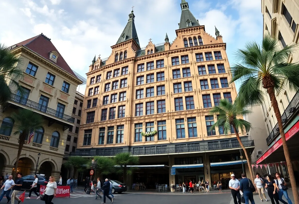 Exterior view of the Hilton New Orleans showcasing its architecture