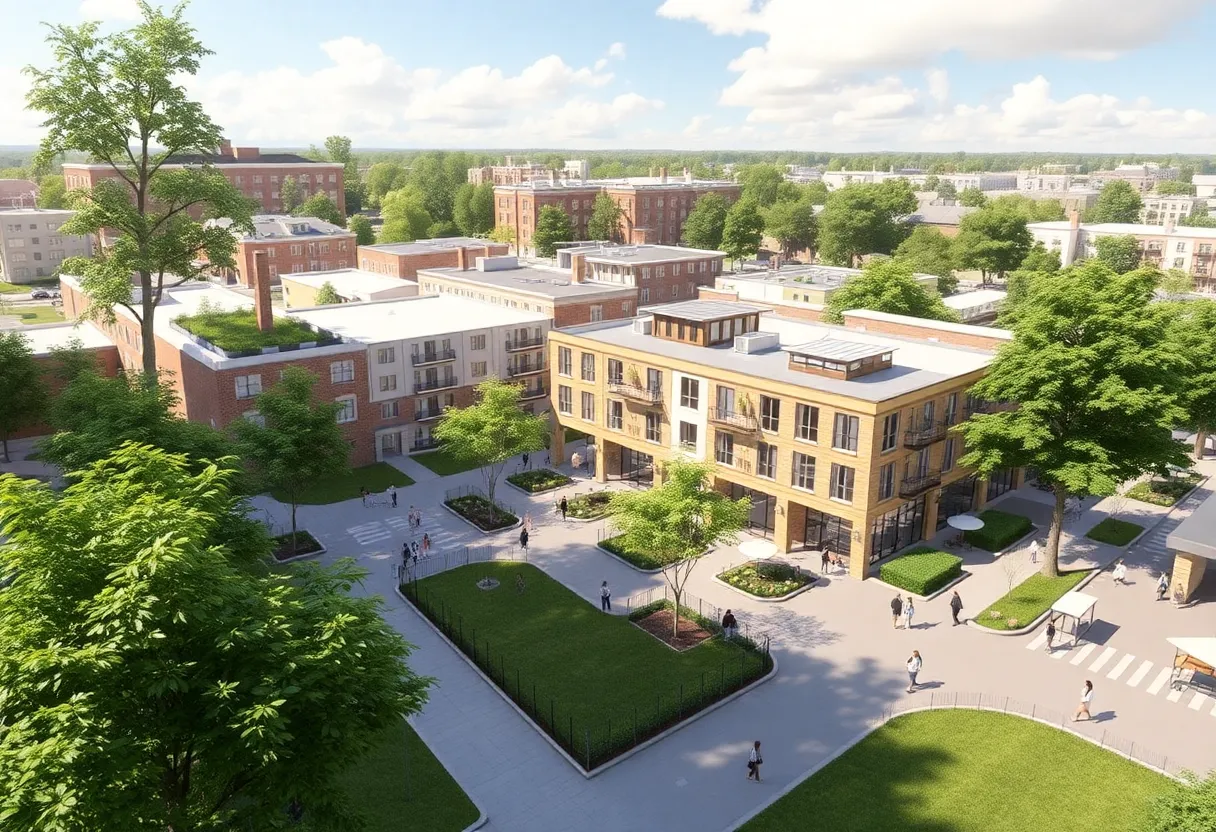 Proposed redevelopment of Hunter's Point South showing mixed-use community and green spaces.