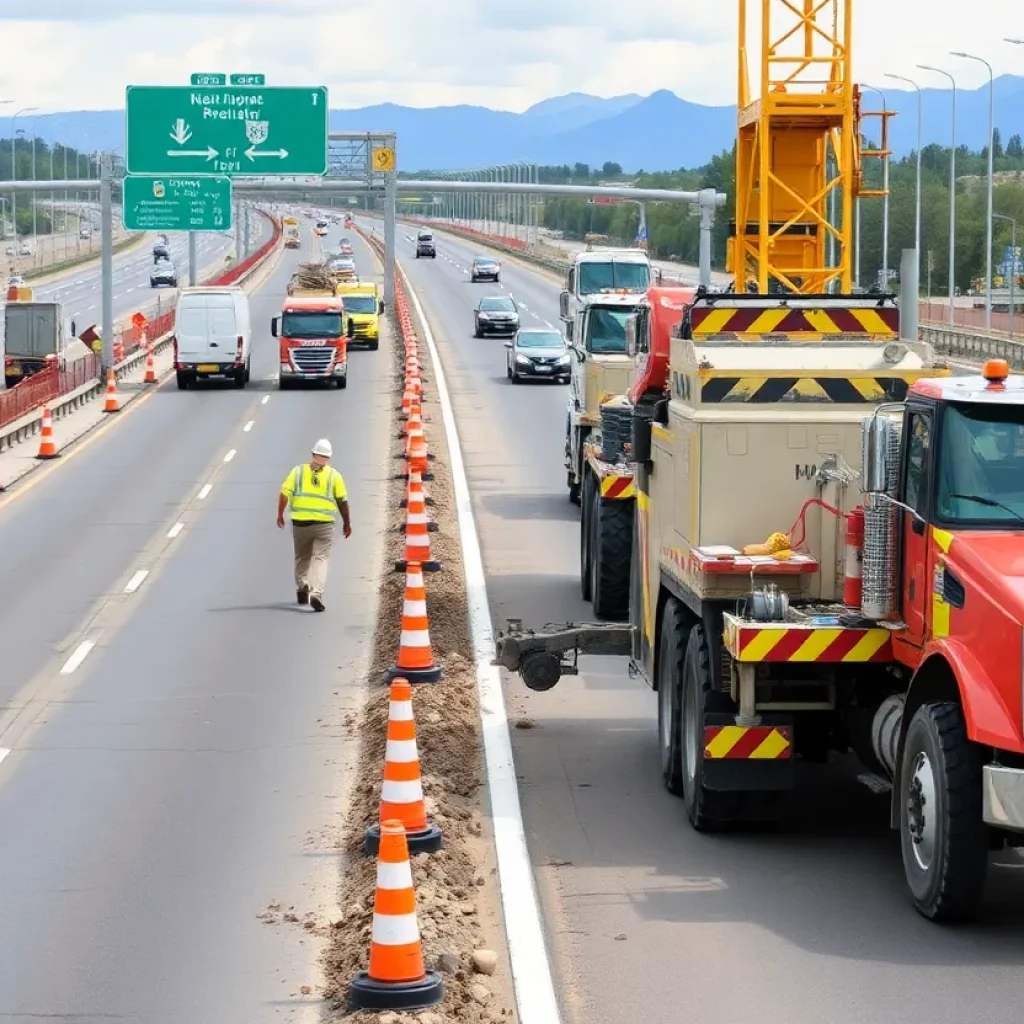 Construction workers rehabilitating Interstate 88 road