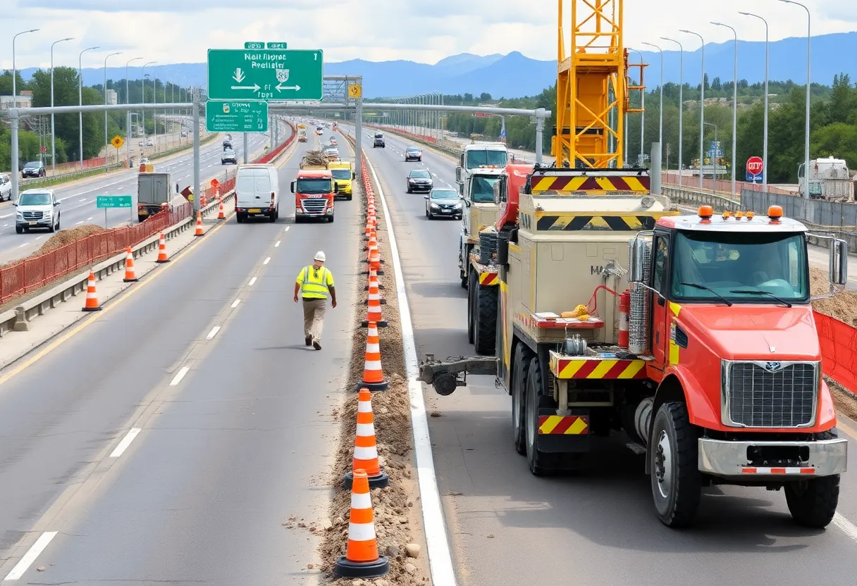 Construction workers rehabilitating Interstate 88 road