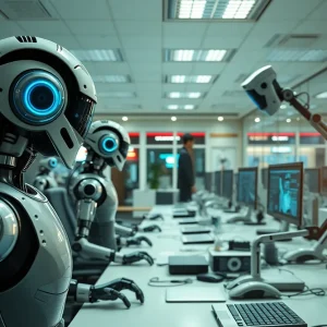 Illustration of robots and automation in a modern office setting