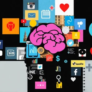 Collage illustrating the effects of social media on teenagers' mental health.