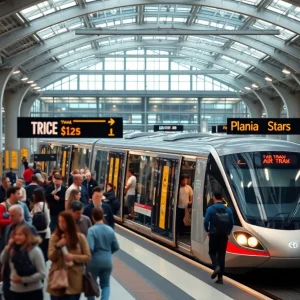 AirTrain station at JFK Airport with travelers and construction signs