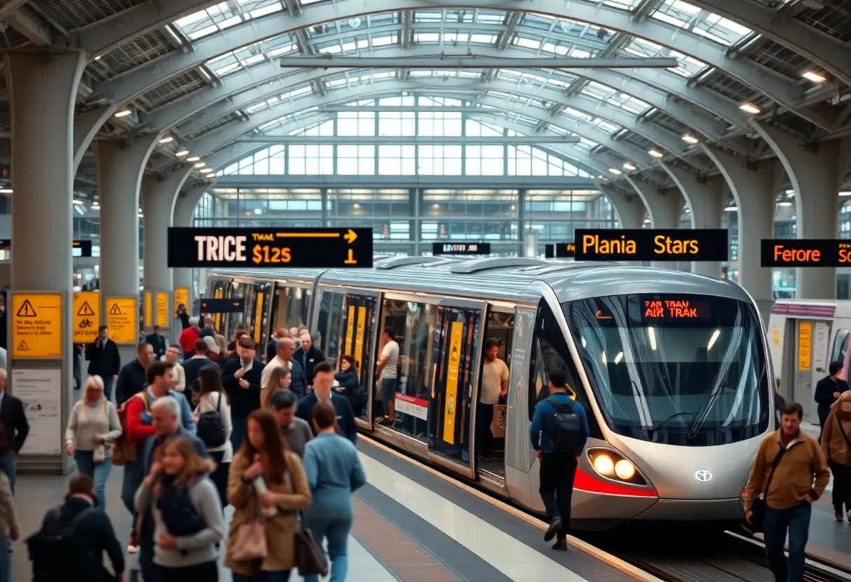 AirTrain station at JFK Airport with travelers and construction signs