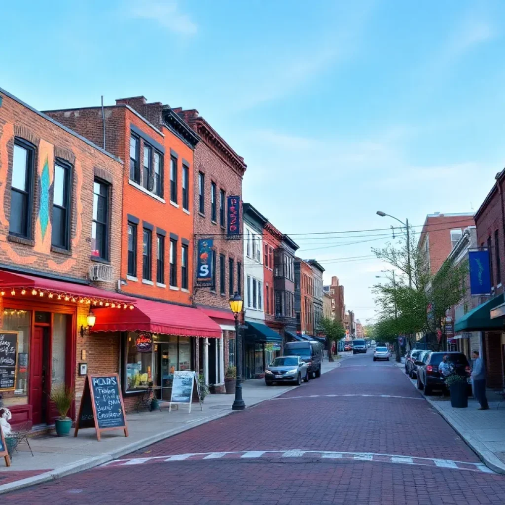 Urban landscape of Kingston, New York with art galleries and small business storefronts.