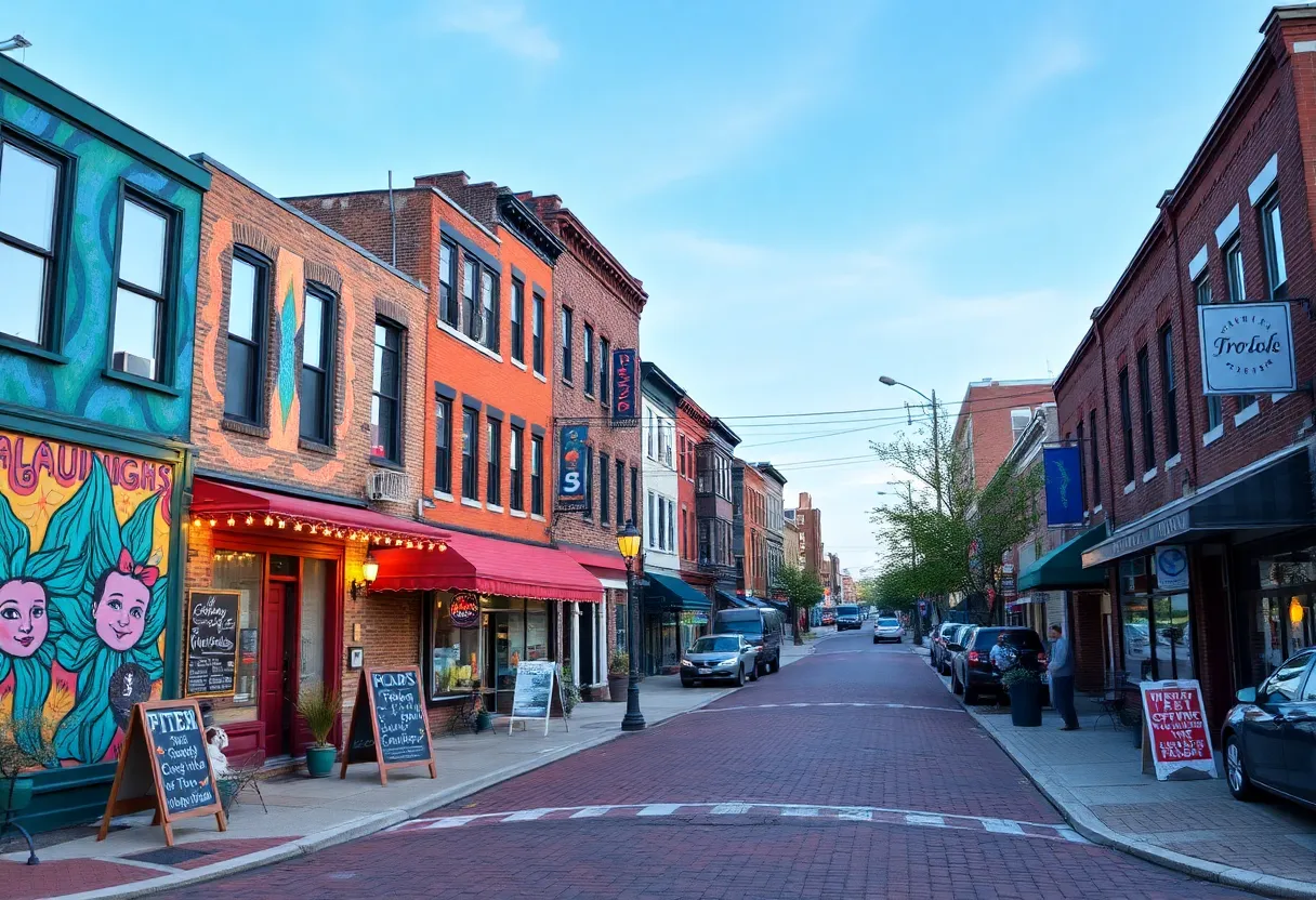 Urban landscape of Kingston, New York with art galleries and small business storefronts.