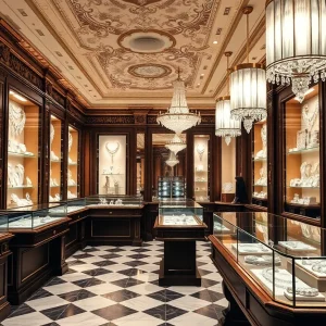 Interior of a luxurious diamond exchange with elegant displays