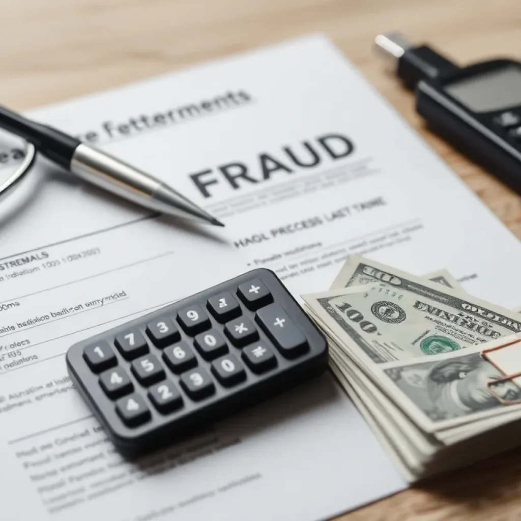 An illustration depicting the concept of Medicare fraud with medical paperwork and cash.