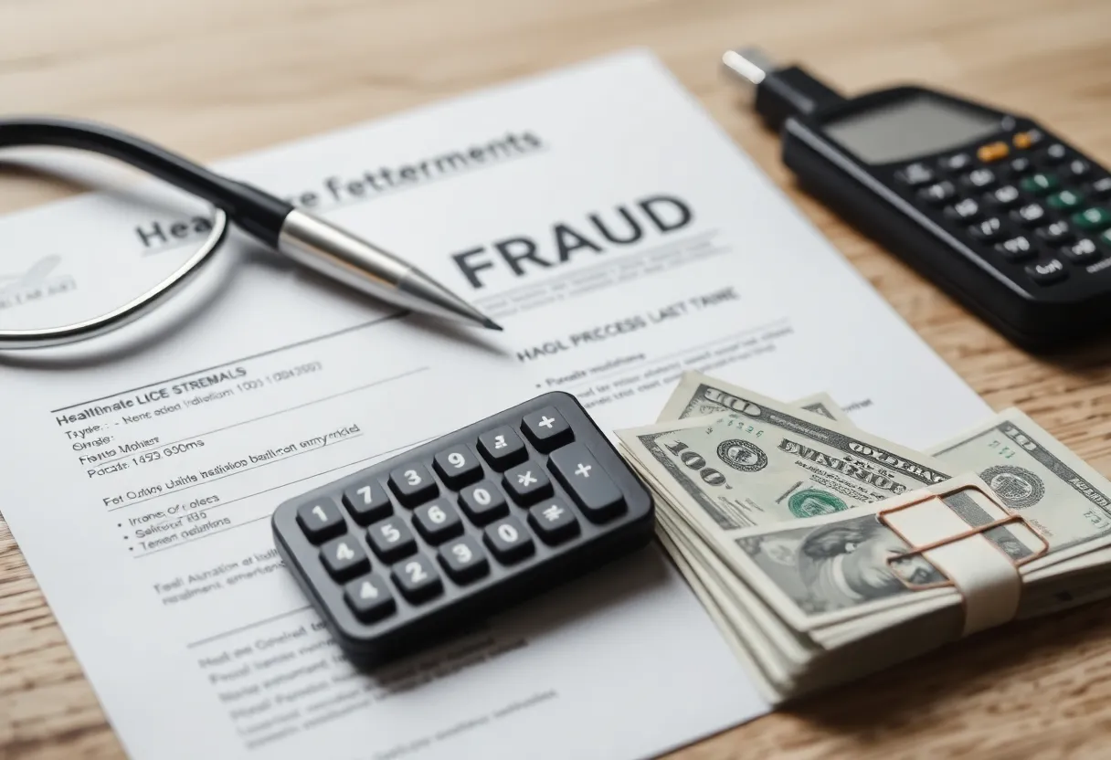 An illustration depicting the concept of Medicare fraud with medical paperwork and cash.