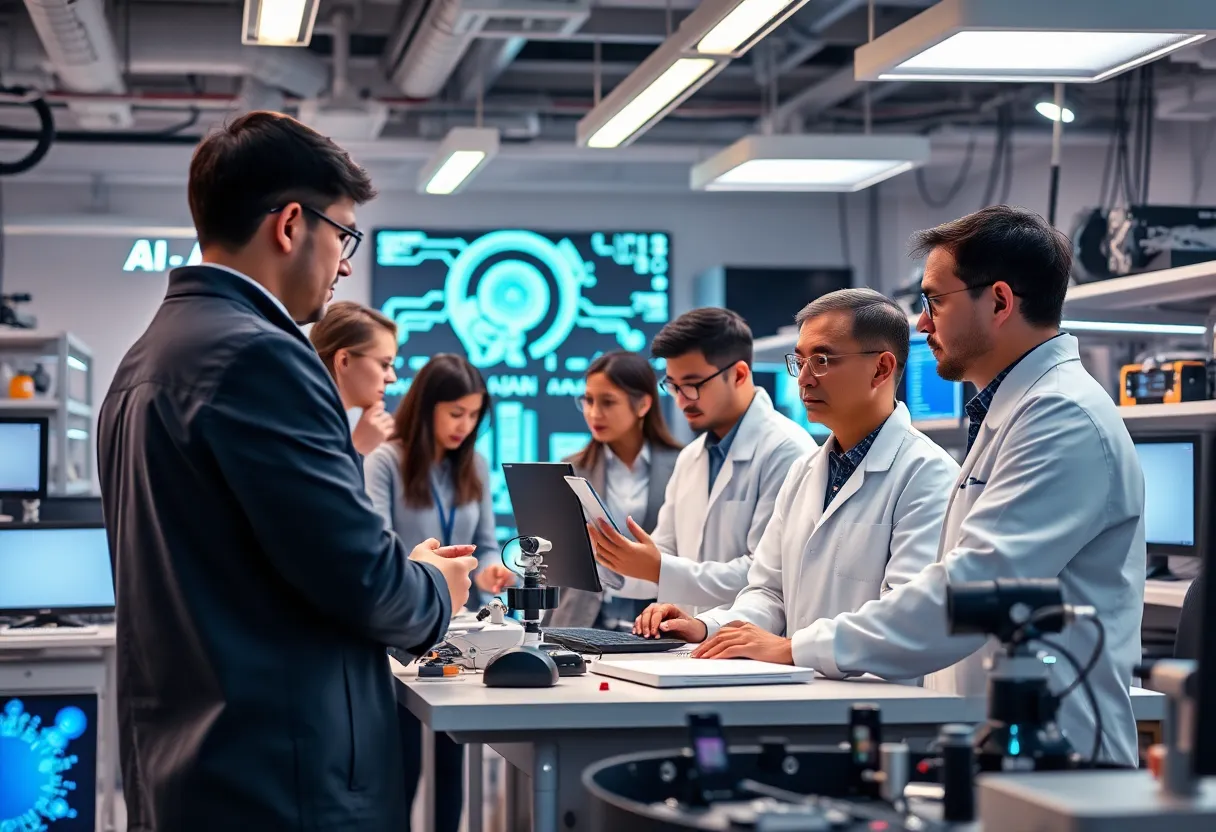 Researchers collaborating in a futuristic AI lab