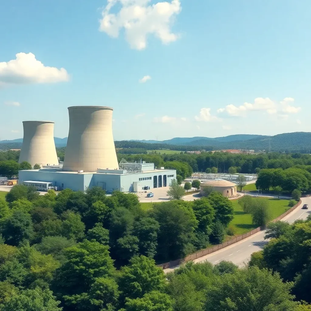 Illustration of a nuclear power plant in a green environment