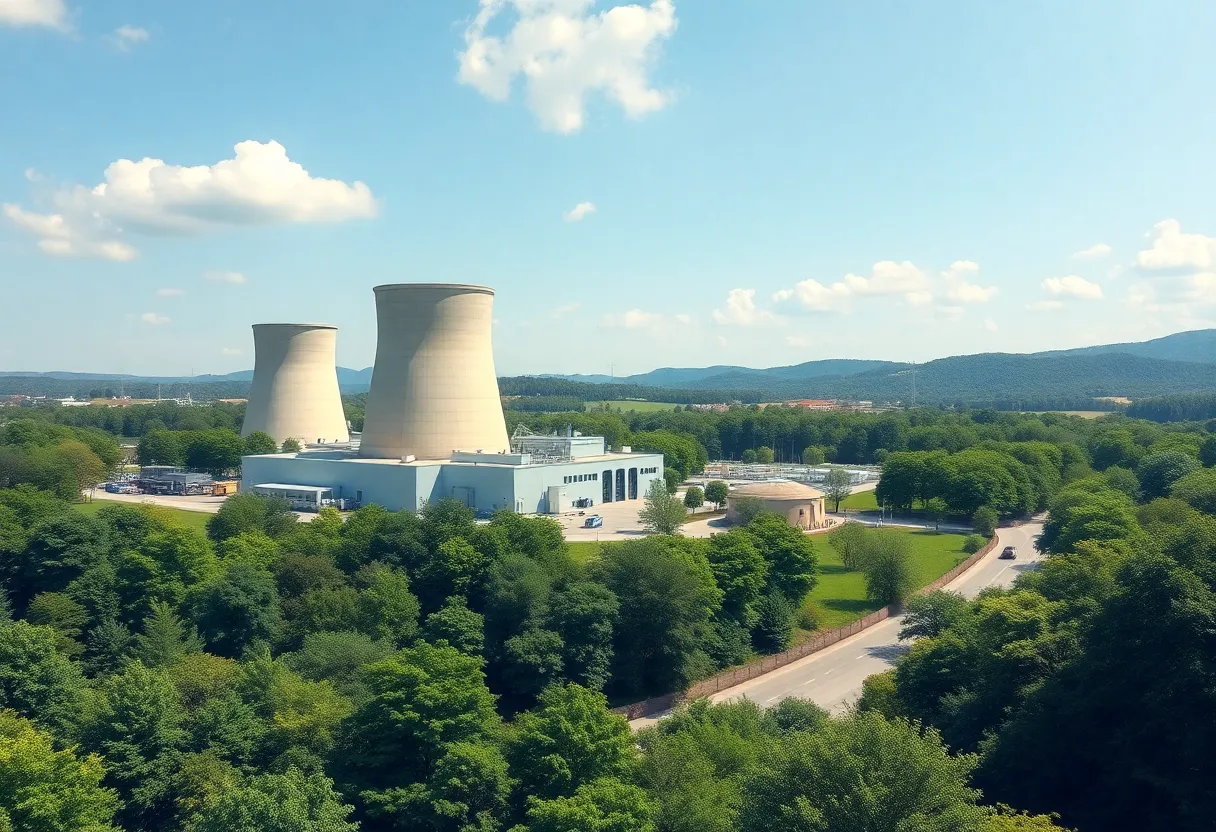 Illustration of a nuclear power plant in a green environment