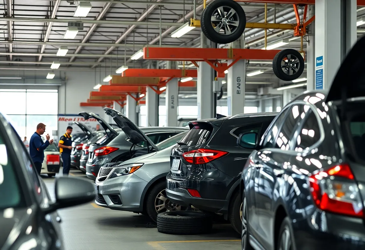 Monro auto service center with technicians working on cars