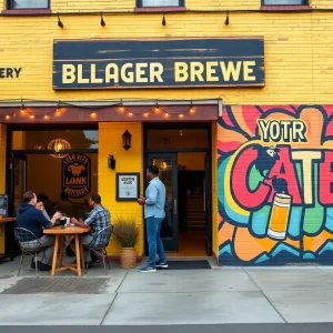 Exterior view of Moor's Brewing Company with diverse patrons enjoying craft beer.