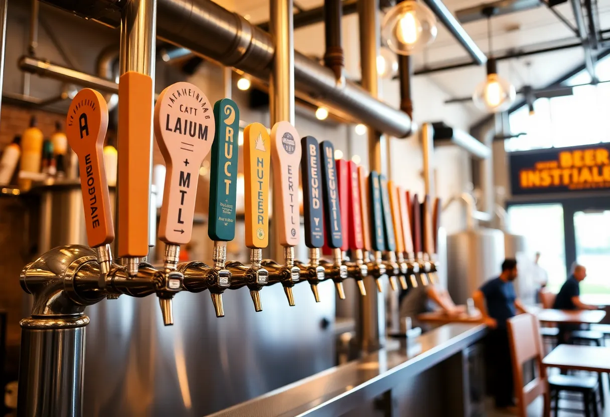 Interior of Moor's Brewing Company showcasing a vibrant community space and beer taps.