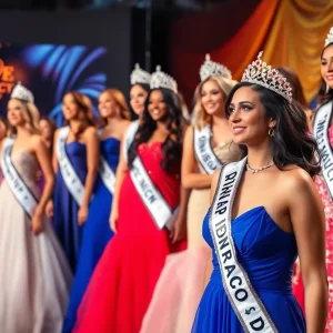 Scene from the Mrs. New York pageant featuring contestants in gowns.