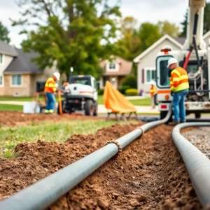 Construction site for natural gas service installation with workers and equipment.