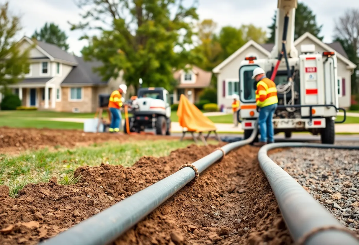 Construction site for natural gas service installation with workers and equipment.