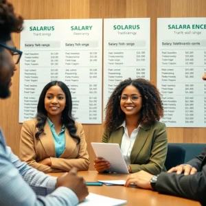Diverse job applicants discussing job postings with salary transparency