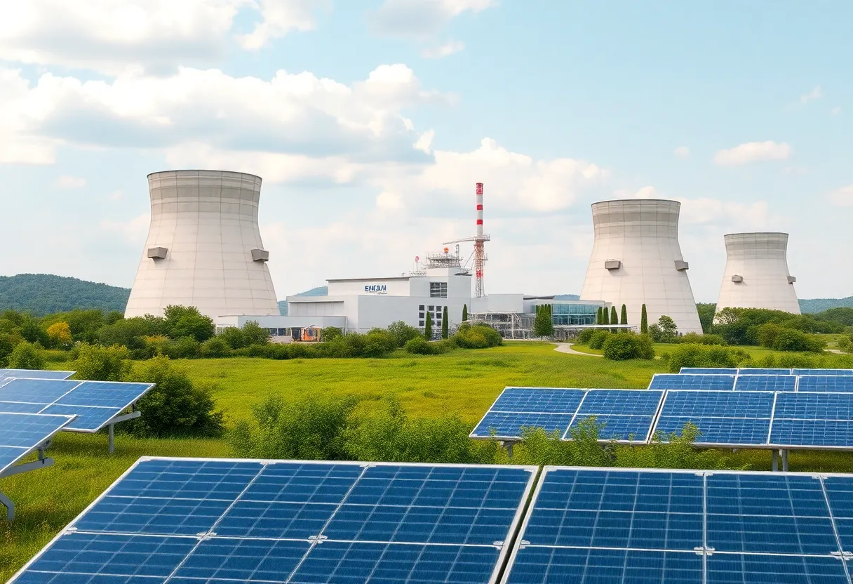 Conceptual image of a nuclear energy facility with green surroundings