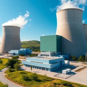 Conceptual image of a nuclear power plant with sustainable technology