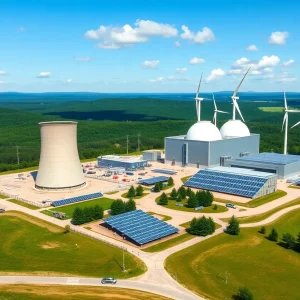 Conceptual image of an advanced nuclear power plant in New York with renewable energy features.