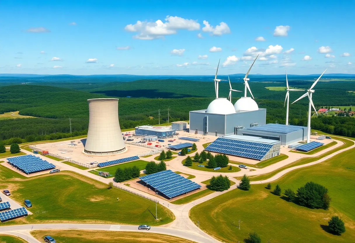Conceptual image of an advanced nuclear power plant in New York with renewable energy features.