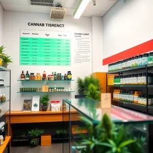Interior view of a cannabis dispensary in New York showcasing diverse products and tax revenue information.