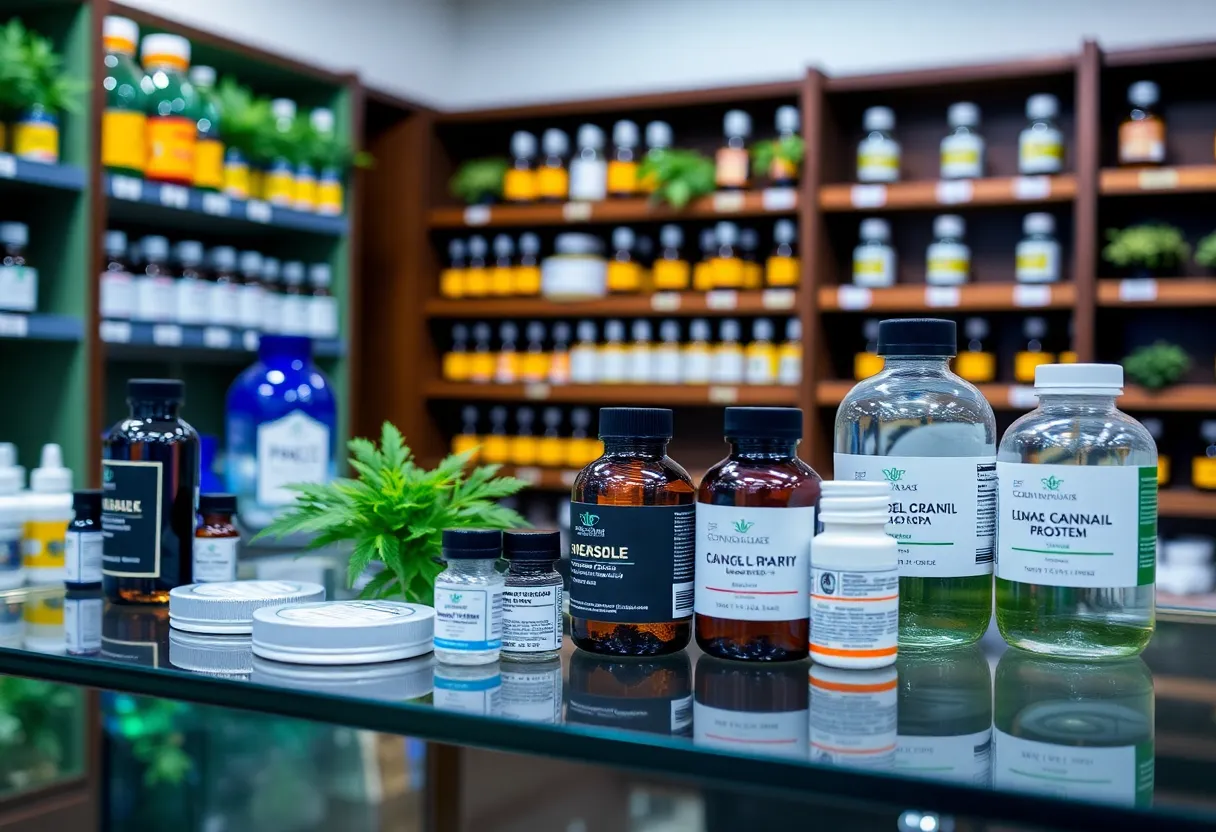 Cannabis products displayed in a dispensary with a recall notice.