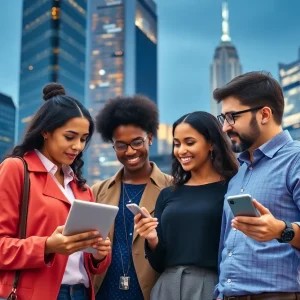 Cityscape of New York with a focus on technology and artificial intelligence.