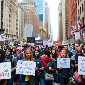 Crowd in New York City expressing concern over budget cuts