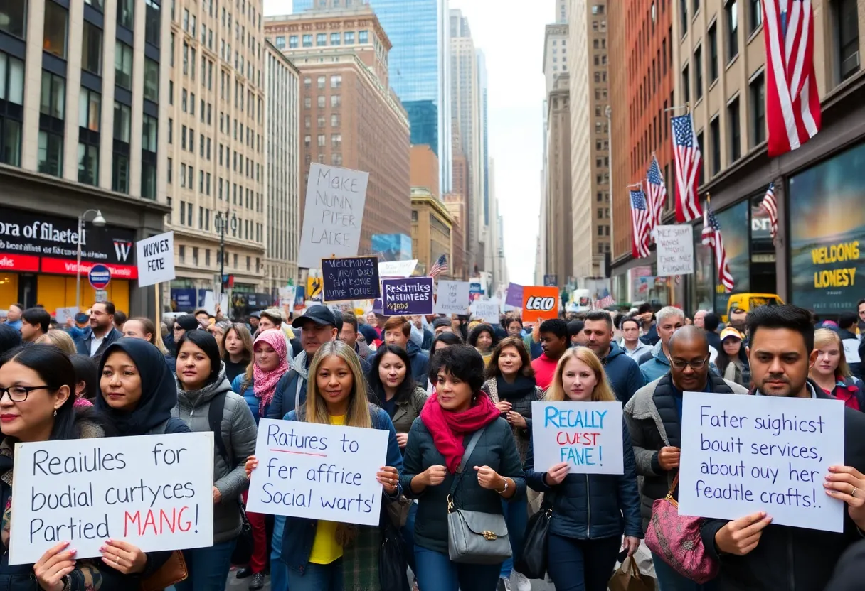 Crowd in New York City expressing concern over budget cuts