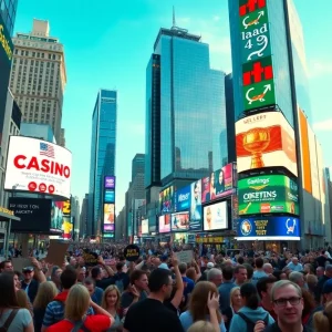 Crowd in Times Square advocating for casino projects with banners