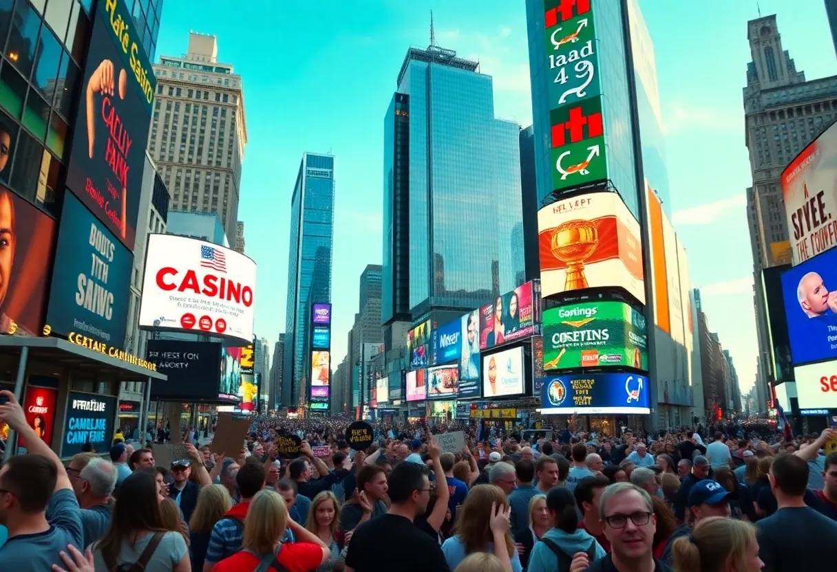 Crowd in Times Square advocating for casino projects with banners