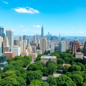 Skyline of New York City with green initiatives represented