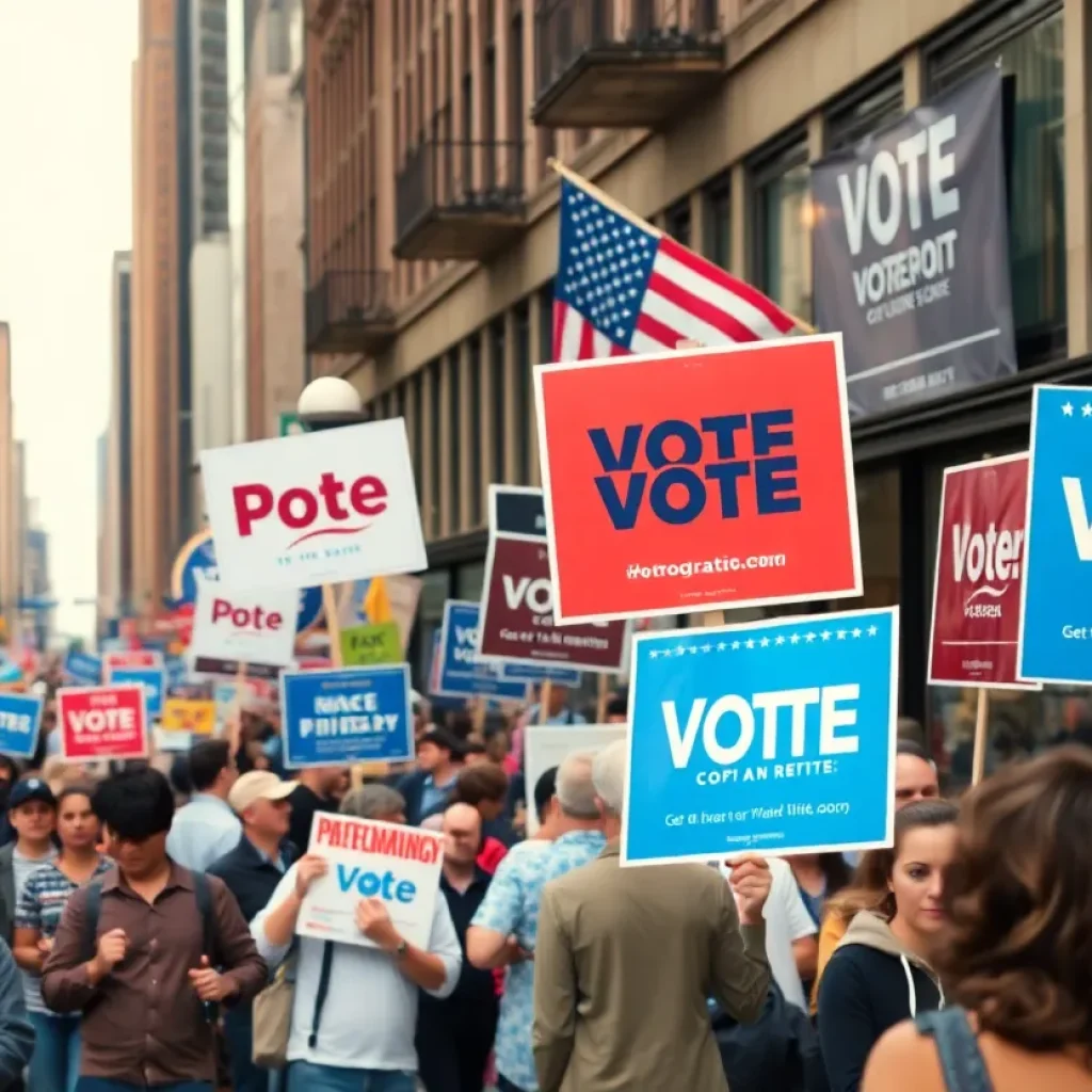 New York City street with campaign signs and voters
